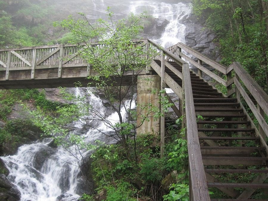 Wooden stairs and bridges climbing the falls corridor at Amicalola Falls