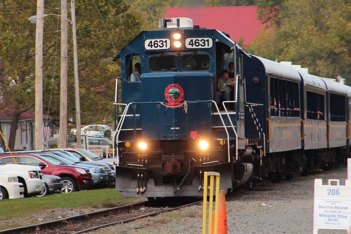 A Blue Ridge Scenic Railway train pulling into the depot in Blue Ridge, Georgia