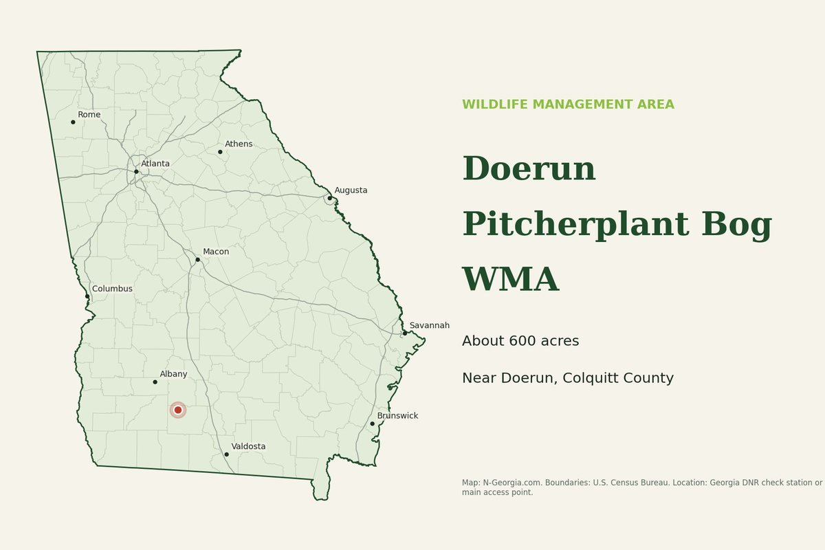 Locator map showing Doerun Pitcherplant Bog WMA in Georgia