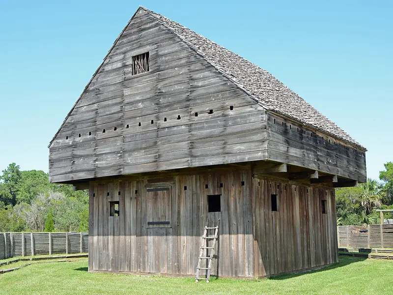 Reconstructed wooden blockhouse at Fort King George State Historic Site in Darien