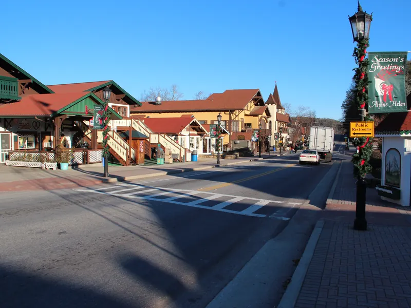 Bavarian-style shops and a decorated lamppost on the main street of Helen, Georgia