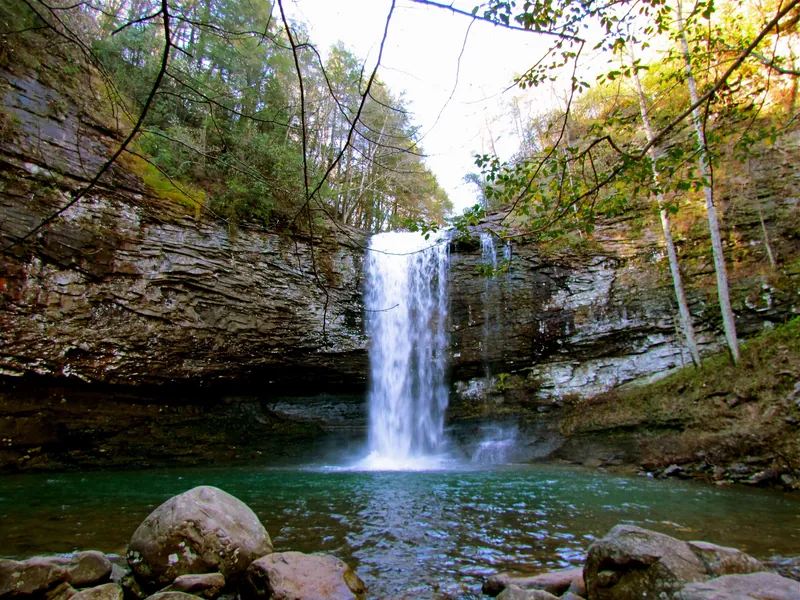 A waterfall dropping into a rocky pool at Cloudland Canyon State Park