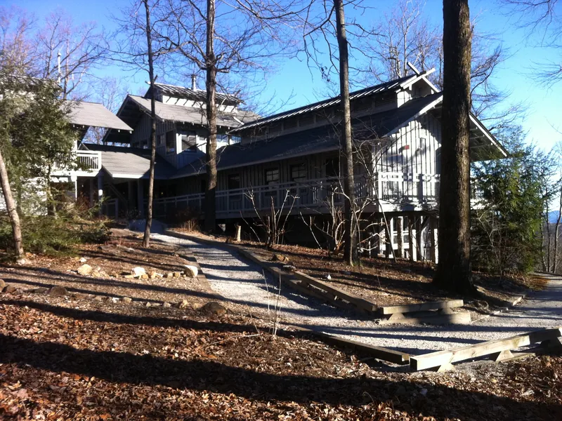 The wooden buildings of the Len Foote Hike Inn in the woods above Amicalola Falls