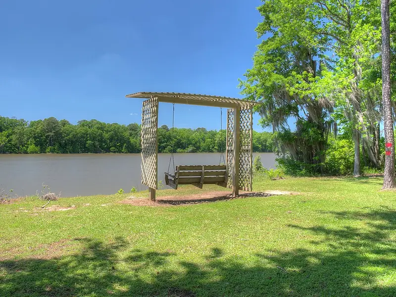 Wooden swing on a grassy point above Lake Walter F. George