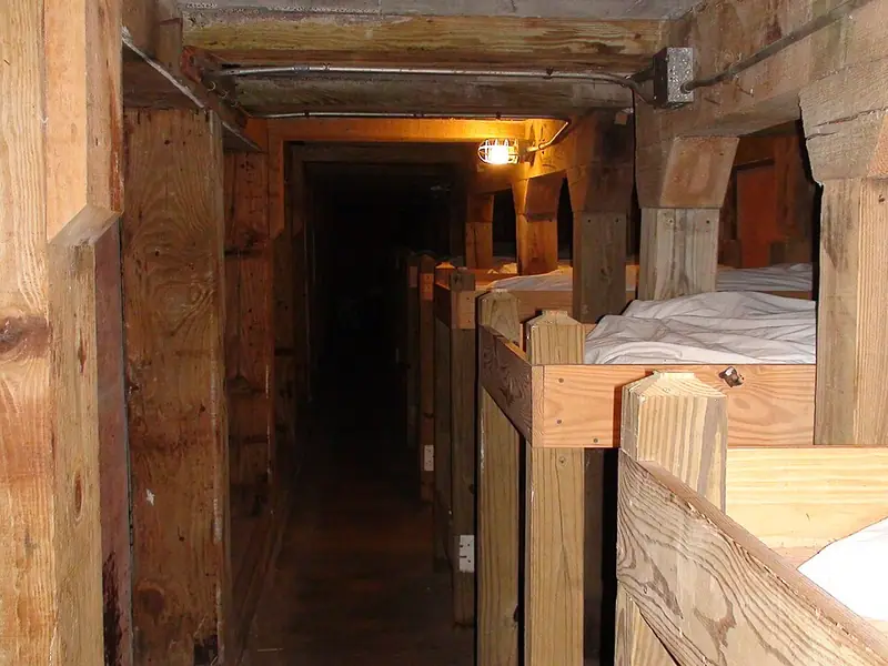 Wooden bunks inside a bombproof shelter at Fort McAllister