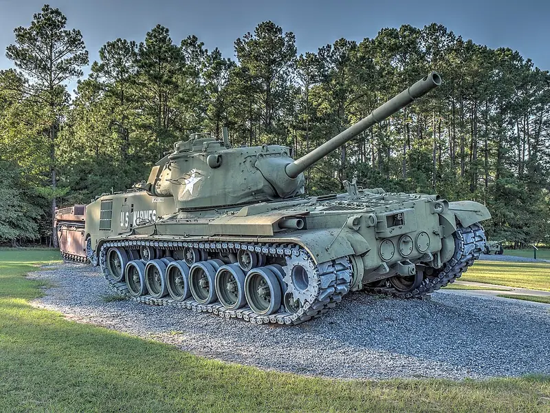 Tank on display among the pines at Georgia Veterans State Park