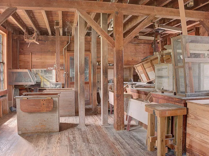 Wooden gears and machinery inside the restored 1921 gristmill at Hamburg State Park