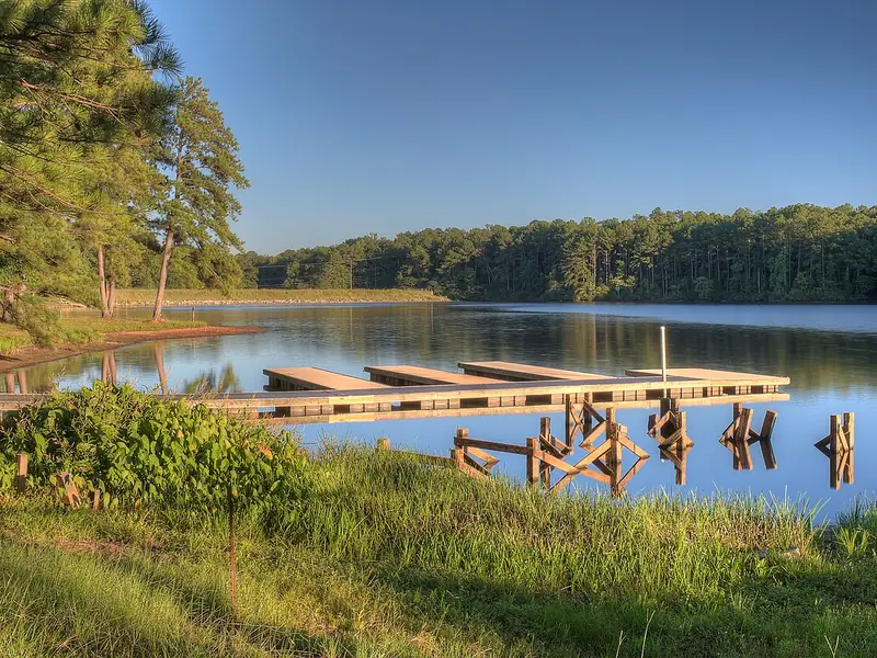 Wooden dock on McIntosh Lake at Indian Springs State Park