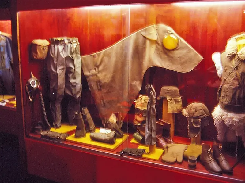 Display case of infantry uniforms and equipment at the National Infantry Museum