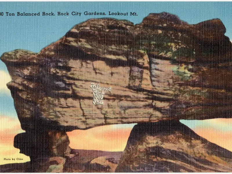 A vintage linen postcard of the 1,000-ton Balanced Rock at Rock City Gardens