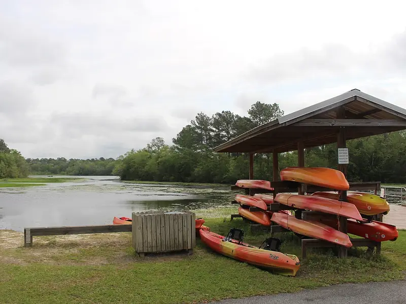 Rack of rental kayaks beside the lake at Reed Bingham State Park