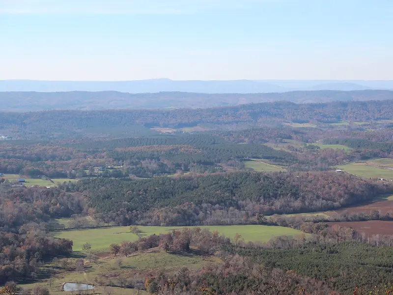Autumn view from Johns Mountain over farms and wooded ridges