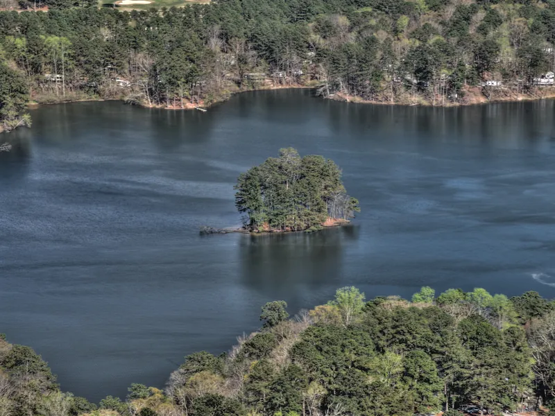 A small wooded island in Stone Mountain Lake seen from the summit