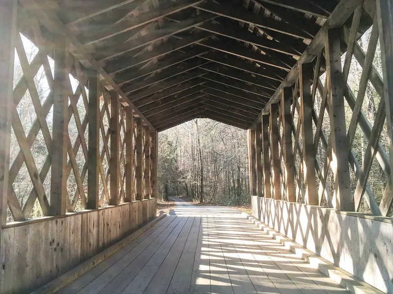Inside the wooden covered bridge over Dukes Creek at Smithgall Woods State Park