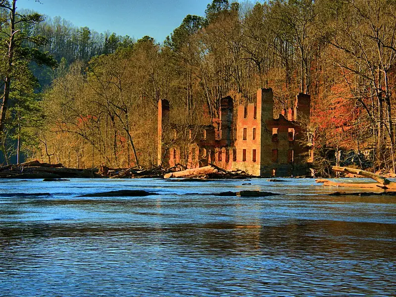 New Manchester mill ruins above Sweetwater Creek in fall color