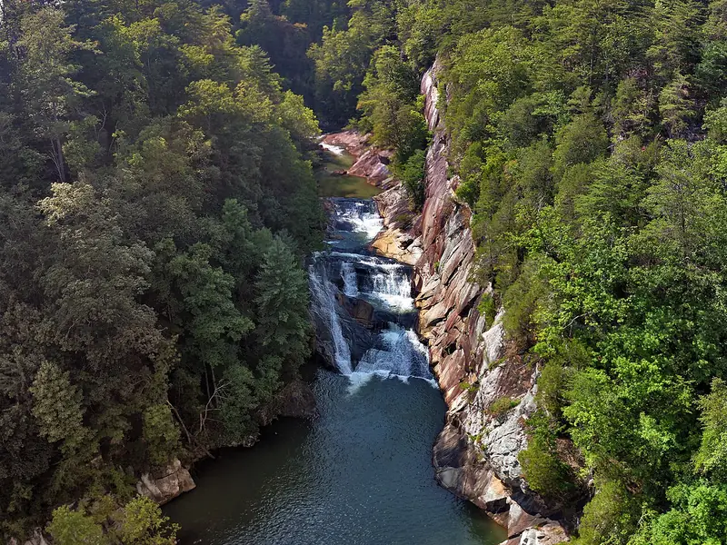 Waterfall and river deep inside Tallulah Gorge