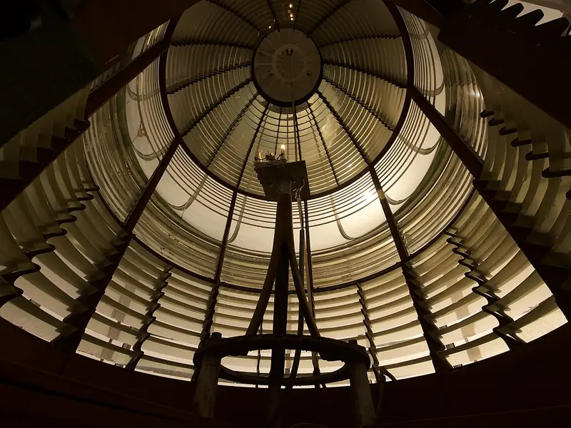Looking up into the Fresnel lens at the top of the Tybee Island Lighthouse