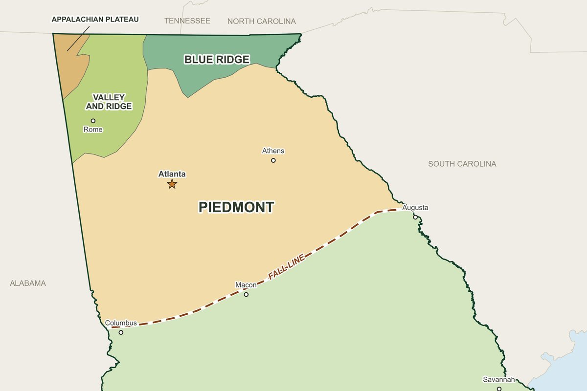 Map of Georgia's five geographic regions: Blue Ridge, Valley and Ridge, Appalachian Plateau, Piedmont and Coastal Plain