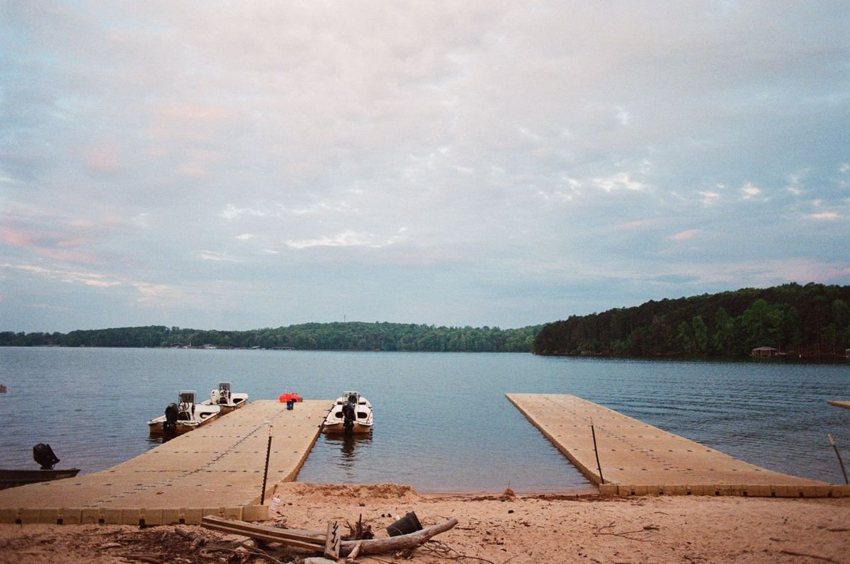 Boat docks at sunrise on Lake Hartwell