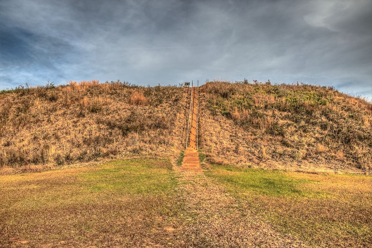 Grass-covered great temple mound with a stairway to the top at Kolomoki Mounds State Park