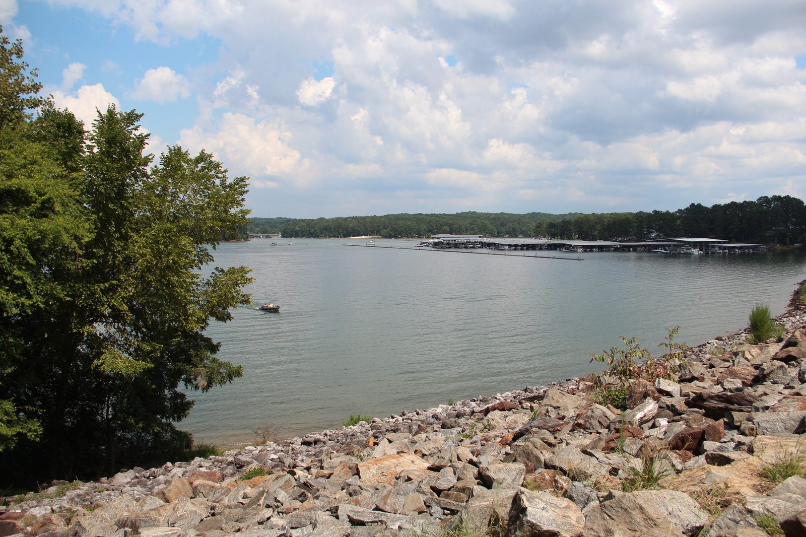 Lake Allatoona seen from a rocky shore at Allatoona Pass, with a marina in the distance