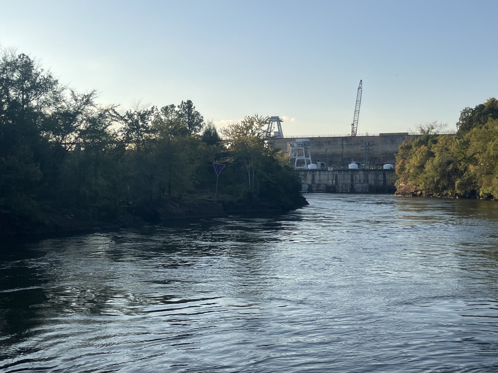 Oliver Dam and the Chattahoochee River at Columbus, framed by trees