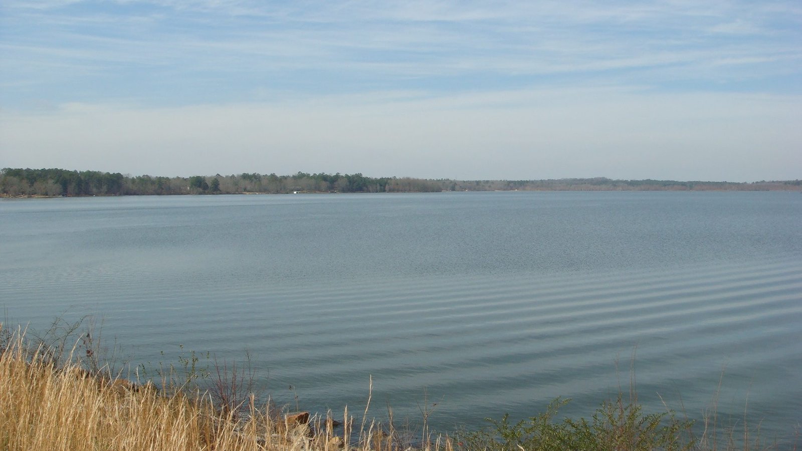 Wide view of Lake Tobesofkee near Lizella with a wooded far shore