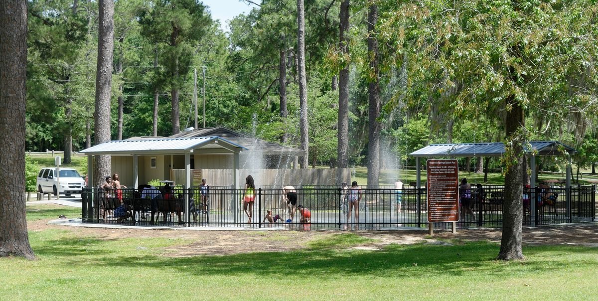 Splash pad and shaded picnic area under tall pines at Magnolia Springs State Park