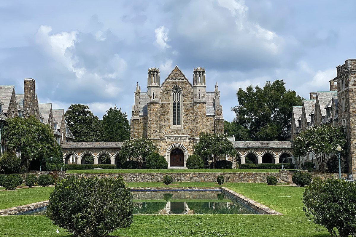 The stone Gothic Ford Buildings and reflecting pool on the Berry College campus in Rome, Georgia