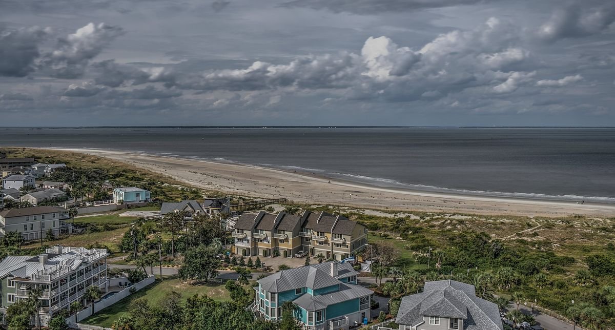 Aerial view of Tybee Island&rsquo;s beach, dunes and beach houses along the Atlantic