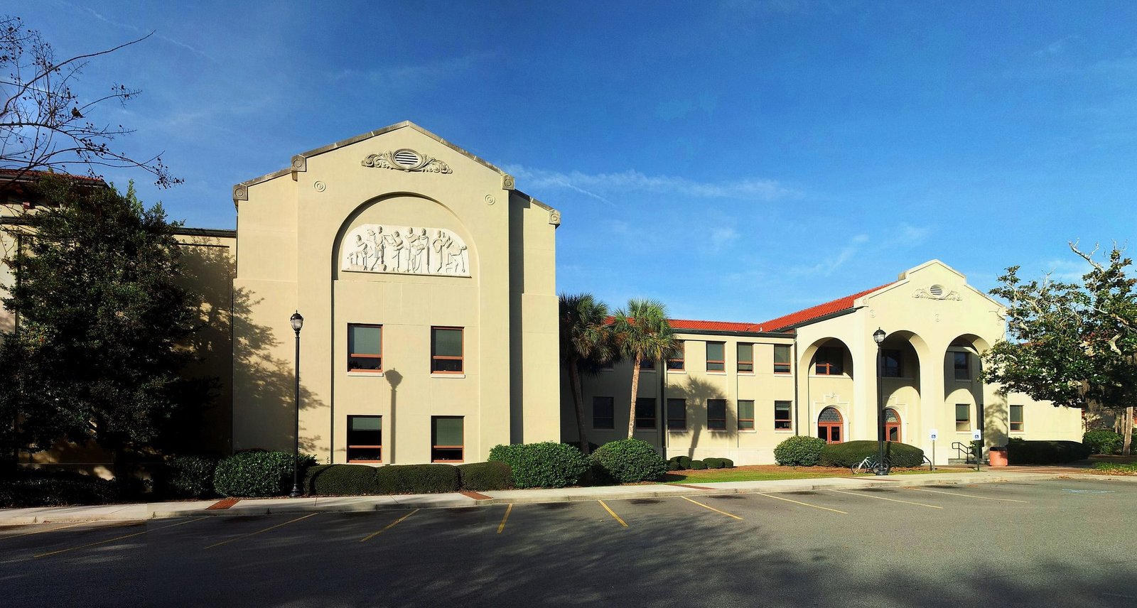 Nevins Hall, the cream-colored Spanish Mission style science building at Valdosta State University