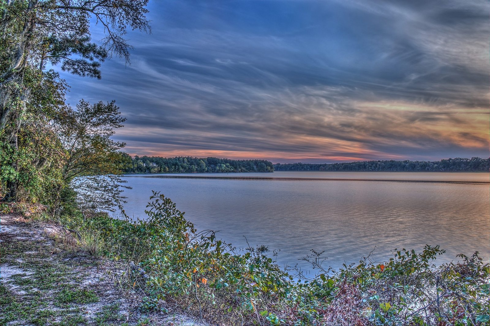 Dramatic clouds at dusk over Walter F. George Lake, seen through shoreline brush