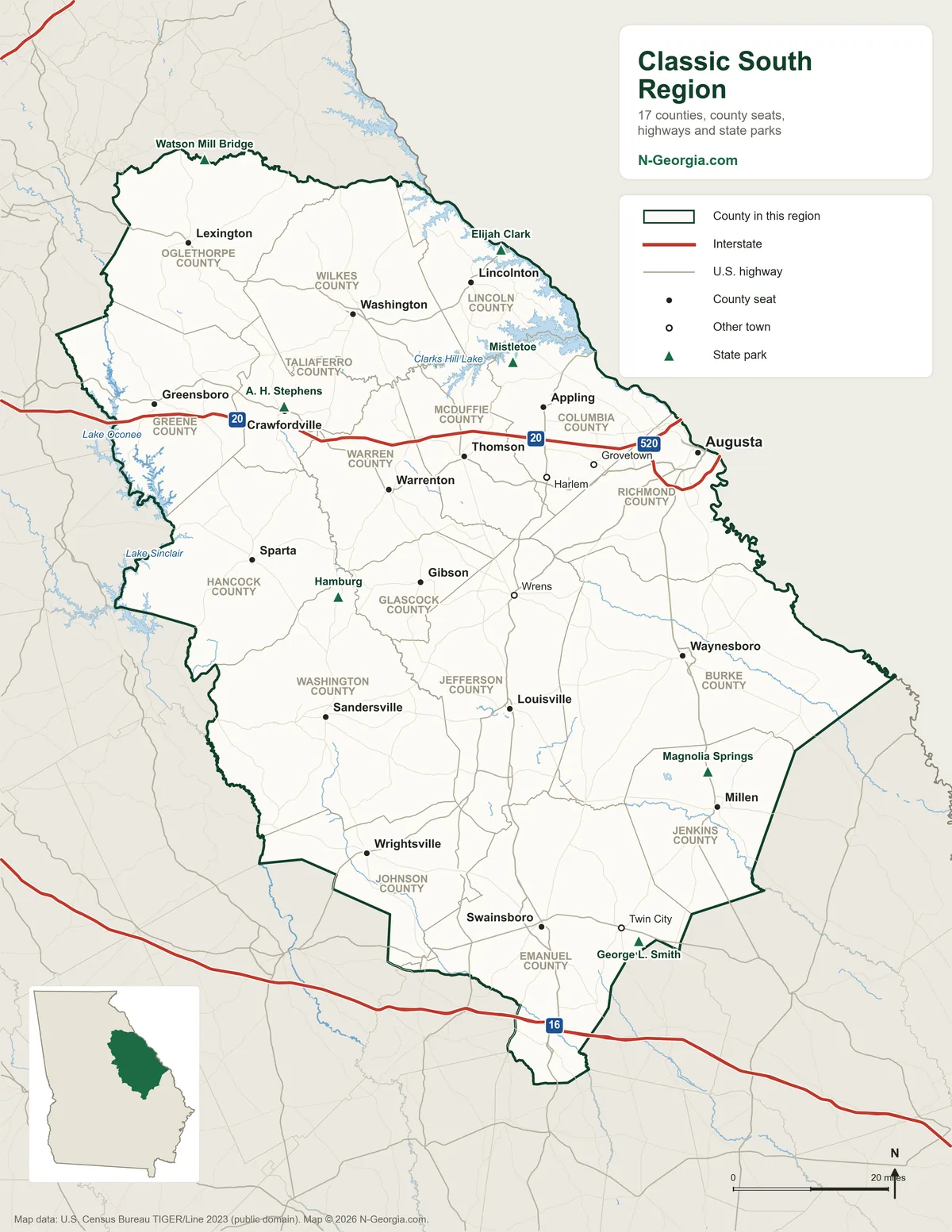 Map of the Classic South travel region of Georgia showing its 17 counties, county seats, highways and state parks