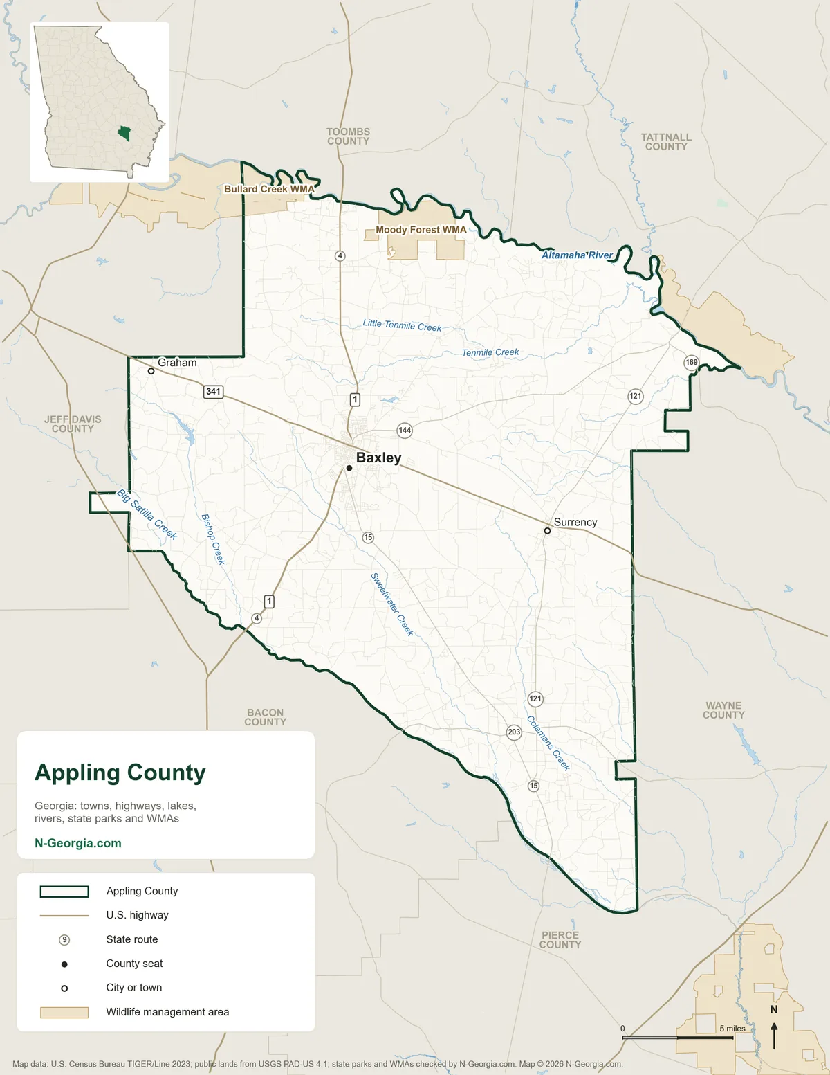 Map of Appling County, Georgia, showing the county seat of Baxley, other towns, highways, rivers and lakes, wildlife management areas and neighboring counties