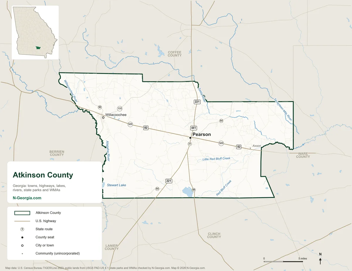 Map of Atkinson County, Georgia, showing the county seat of Pearson, other towns, highways, rivers and lakes and neighboring counties