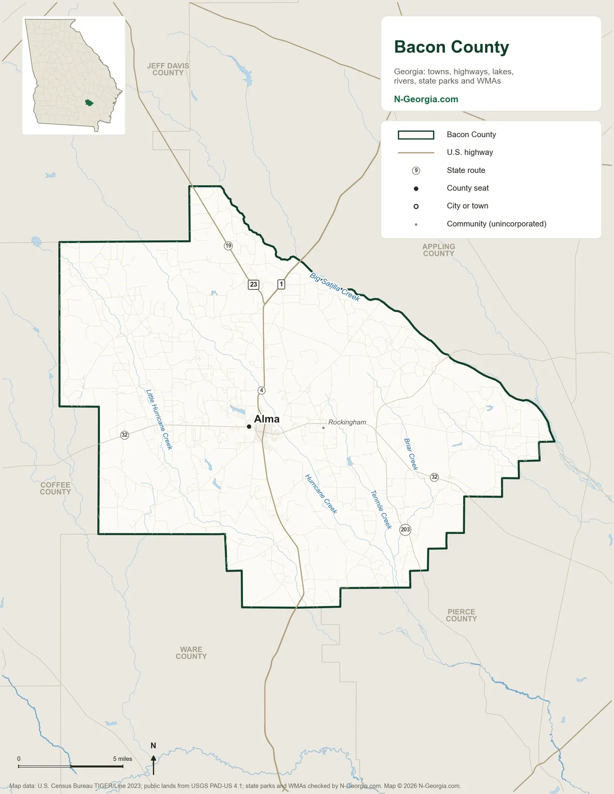 Map of Bacon County, Georgia, showing the county seat of Alma, highways, rivers and lakes and neighboring counties
