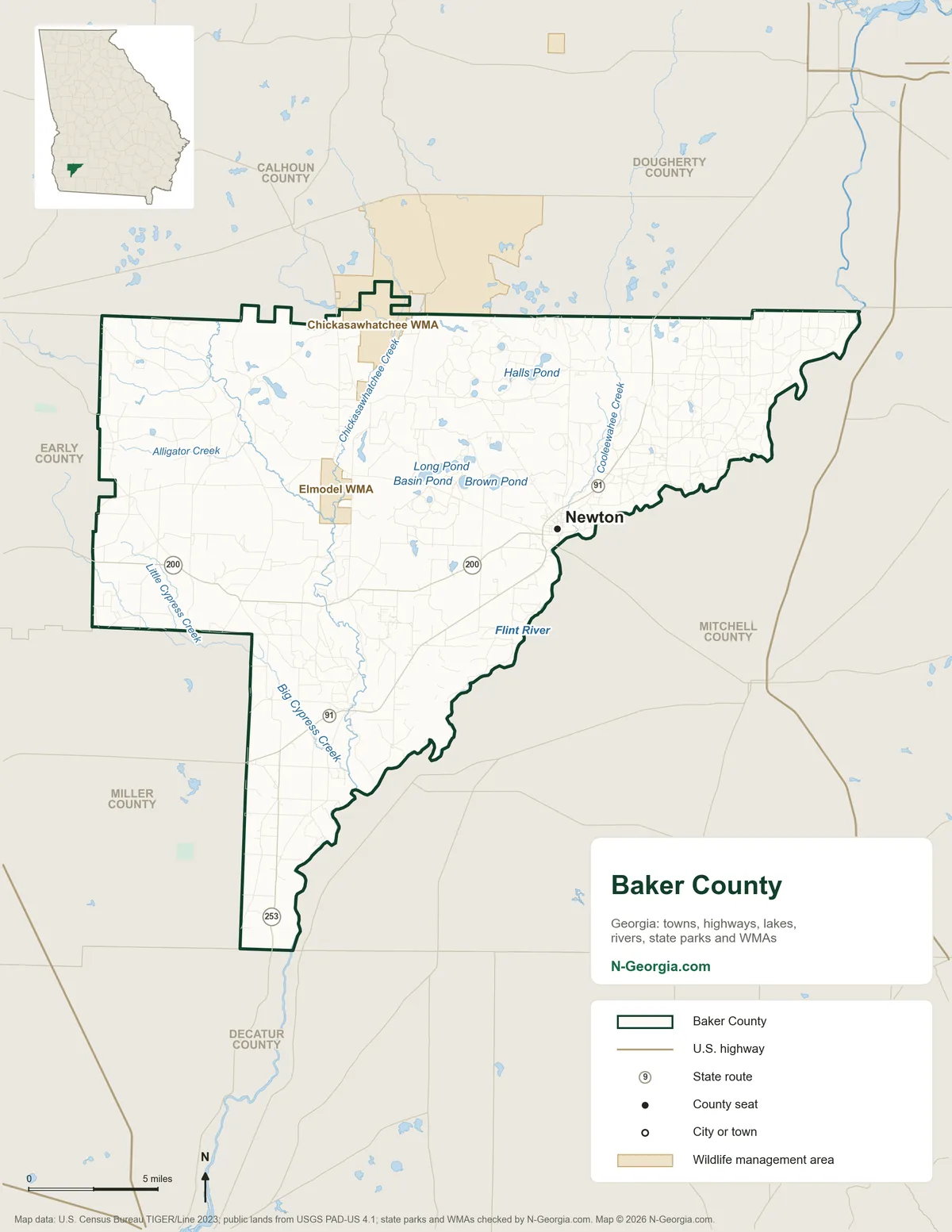 Map of Baker County, Georgia, showing the county seat of Newton, highways, rivers and lakes, wildlife management areas and neighboring counties