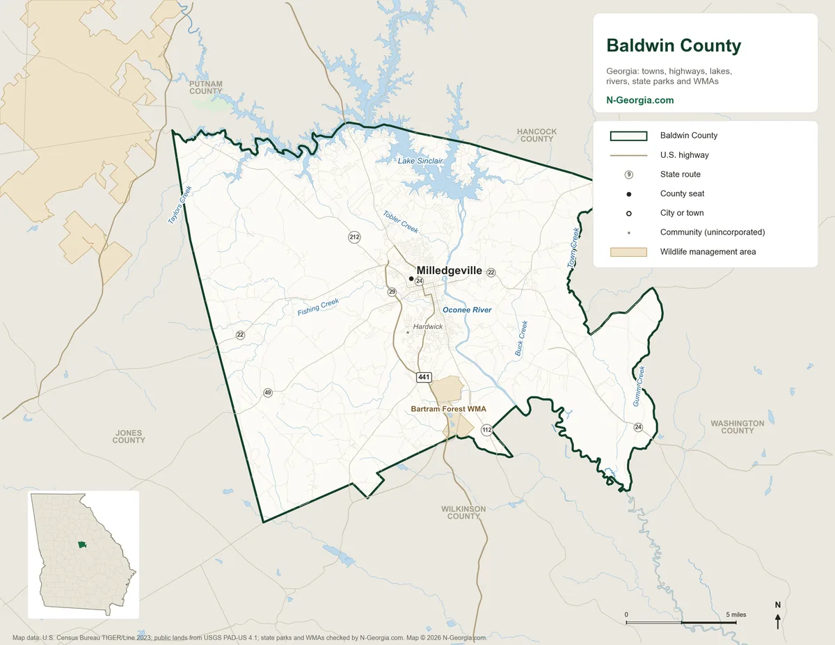 Map of Baldwin County, Georgia, showing the county seat of Milledgeville, highways, rivers and lakes, wildlife management areas and neighboring counties