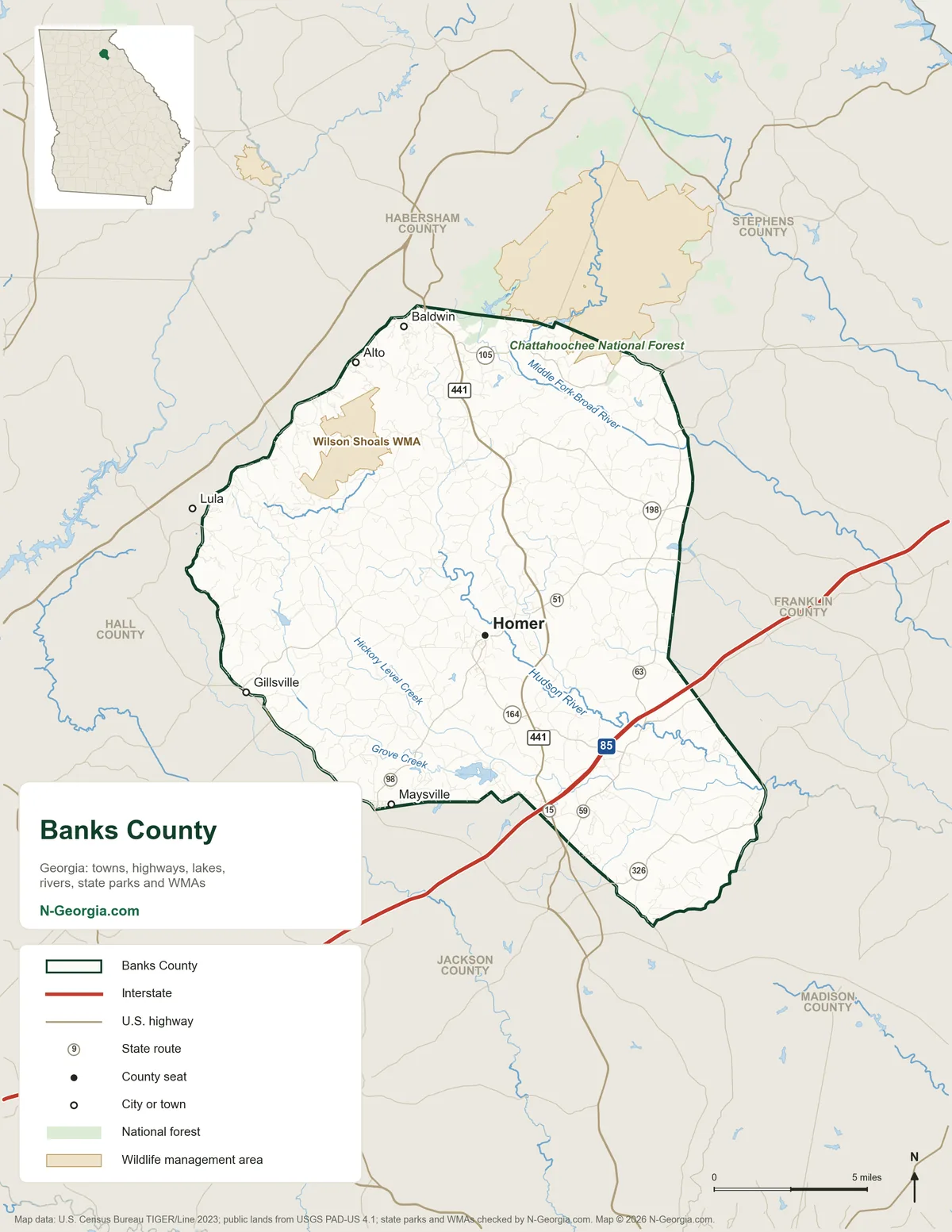 Map of Banks County, Georgia, showing the county seat of Homer, other towns, highways, rivers and lakes, wildlife management areas and neighboring counties