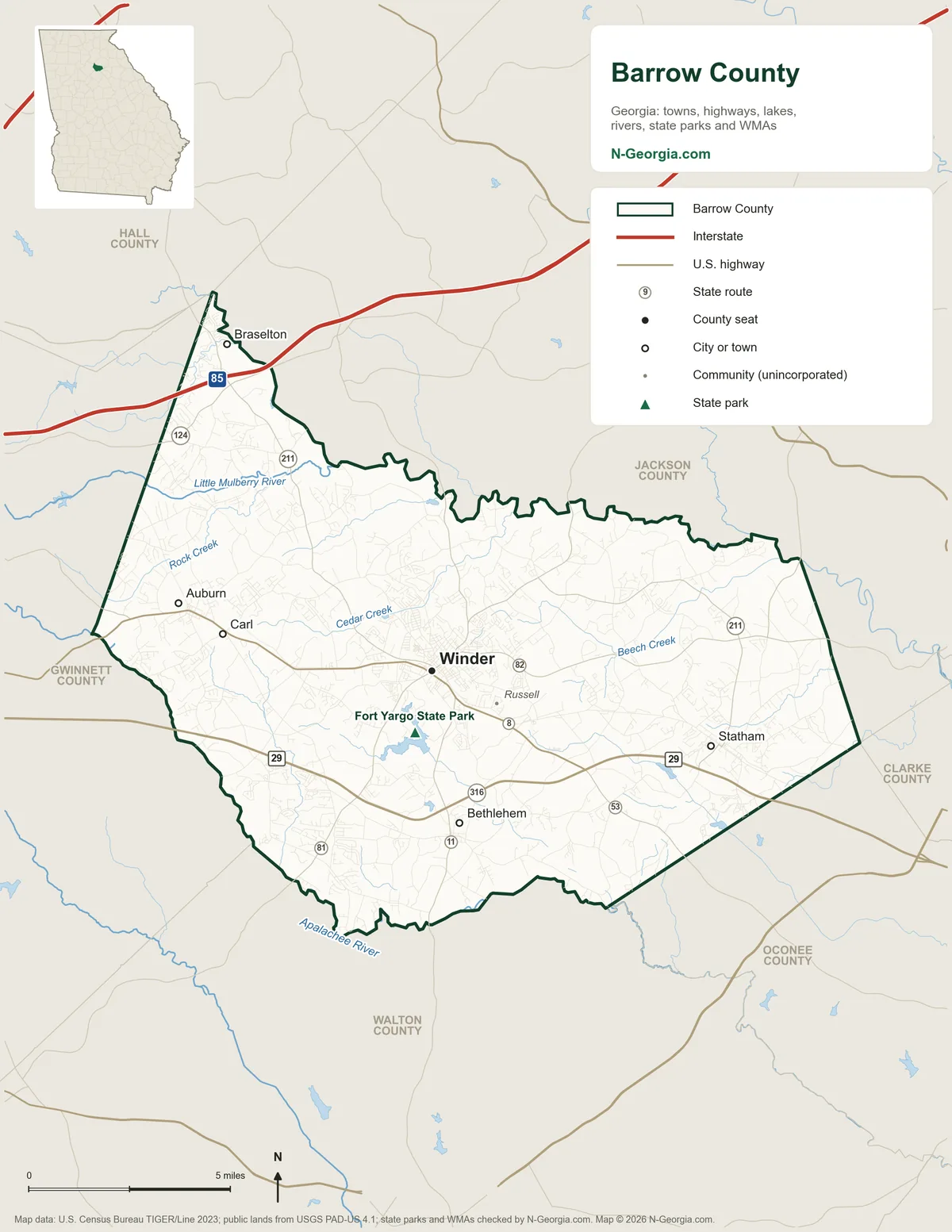 Map of Barrow County, Georgia, showing the county seat of Winder, other towns, highways, rivers and lakes, state parks and neighboring counties