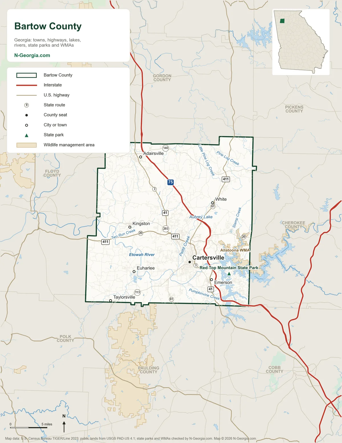 Map of Bartow County, Georgia, showing the county seat of Cartersville, other towns, highways, rivers and lakes, state parks, wildlife management areas and neighboring counties