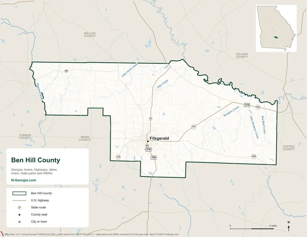 Map of Ben Hill County, Georgia, showing the county seat of Fitzgerald, highways, rivers and lakes and neighboring counties