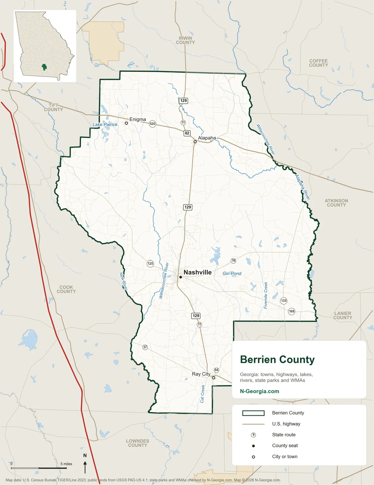 Map of Berrien County, Georgia, showing the county seat of Nashville, other towns, highways, rivers and lakes and neighboring counties