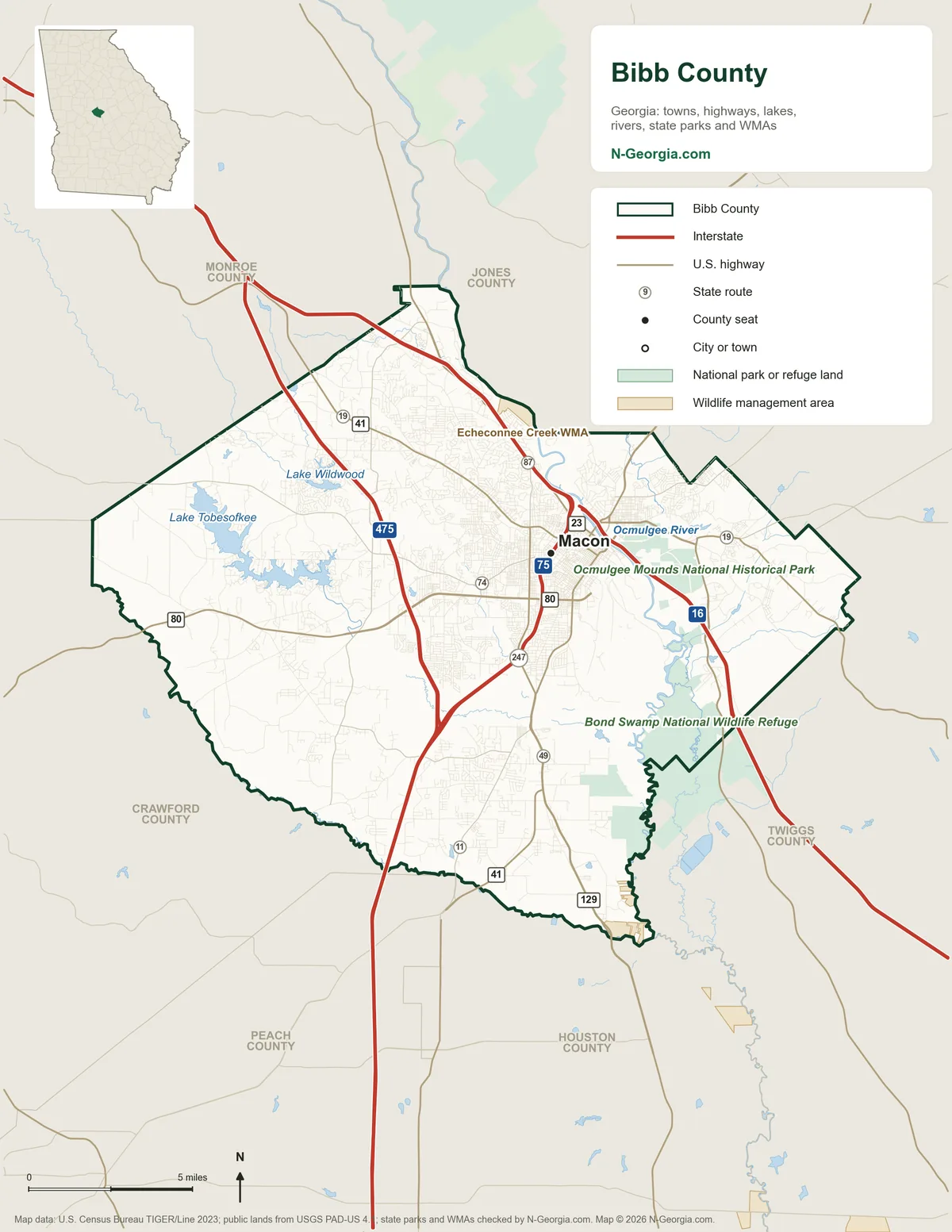 Map of Bibb County, Georgia, showing the county seat of Macon, highways, rivers and lakes, wildlife management areas and neighboring counties
