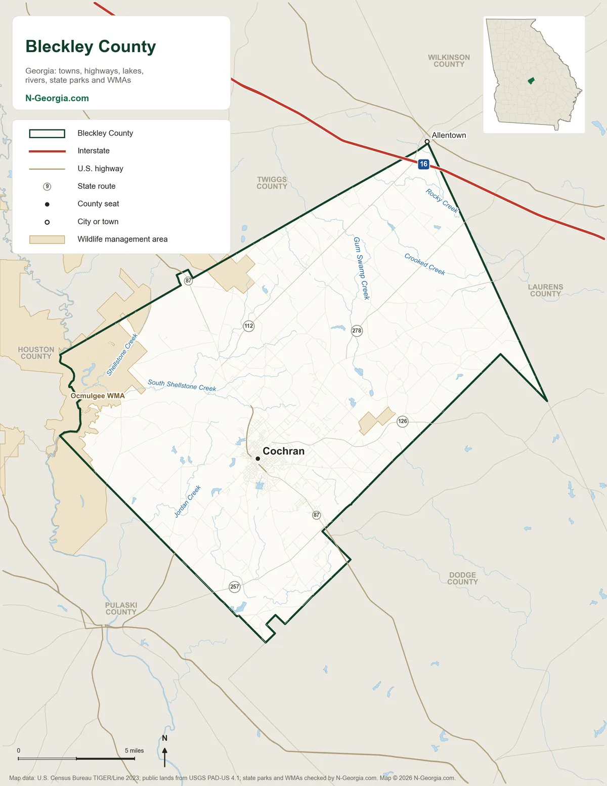 Map of Bleckley County, Georgia, showing the county seat of Cochran, other towns, highways, rivers and lakes, wildlife management areas and neighboring counties