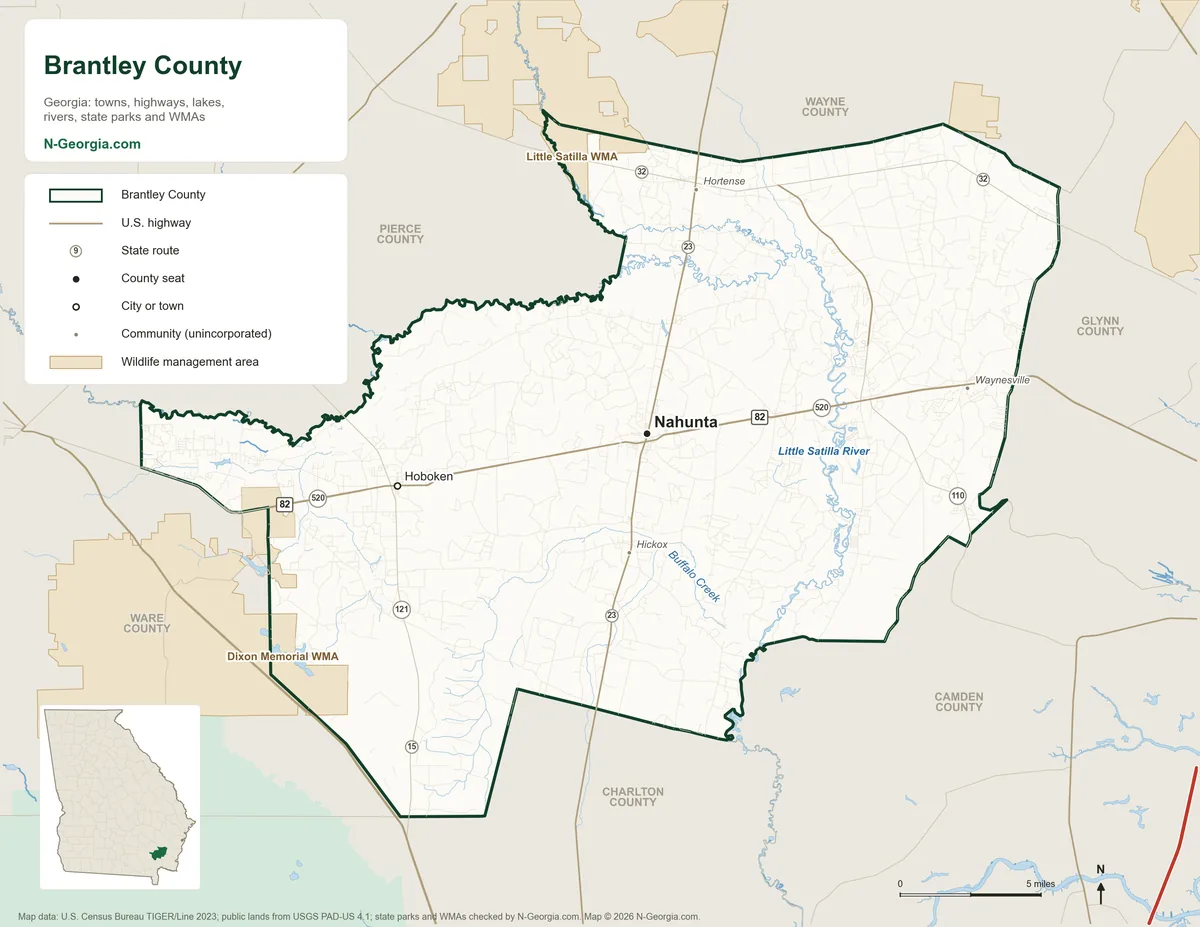 Map of Brantley County, Georgia, showing the county seat of Nahunta, other towns, highways, rivers and lakes, wildlife management areas and neighboring counties