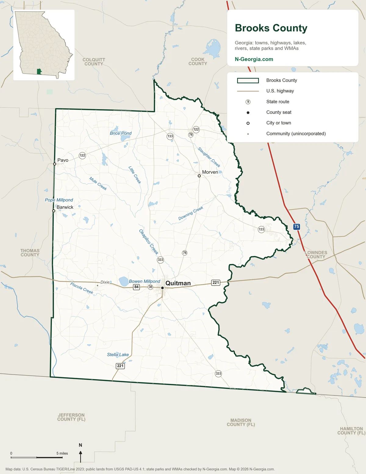 Map of Brooks County, Georgia, showing the county seat of Quitman, other towns, highways, rivers and lakes and neighboring counties
