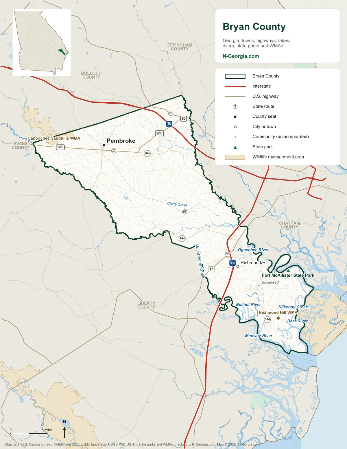 Map of Bryan County, Georgia, showing the county seat of Pembroke, other towns, highways, rivers and lakes, state parks, wildlife management areas and neighboring counties