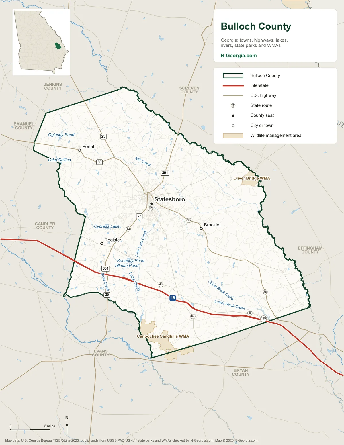 Map of Bulloch County, Georgia, showing the county seat of Statesboro, other towns, highways, rivers and lakes, wildlife management areas and neighboring counties