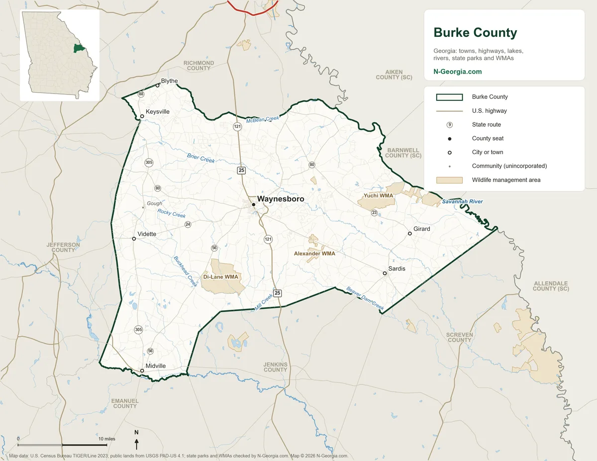 Map of Burke County, Georgia, showing the county seat of Waynesboro, other towns, highways, rivers and lakes, wildlife management areas and neighboring counties